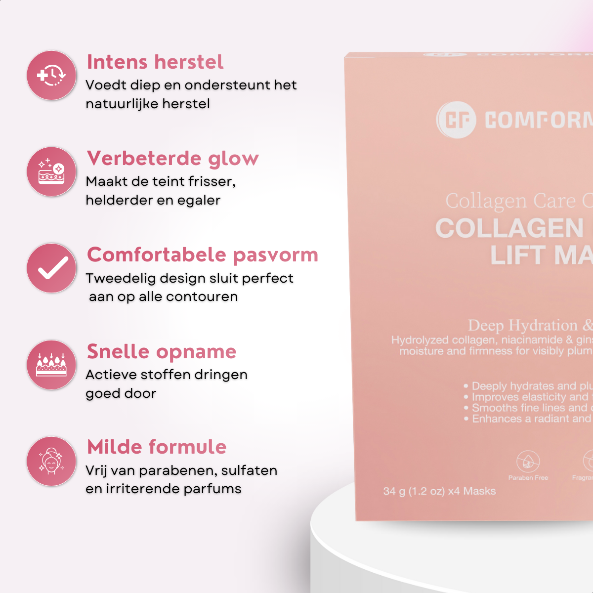 Verpakking van collageen lift mask met uitleg over intens herstel en verbeterde glow