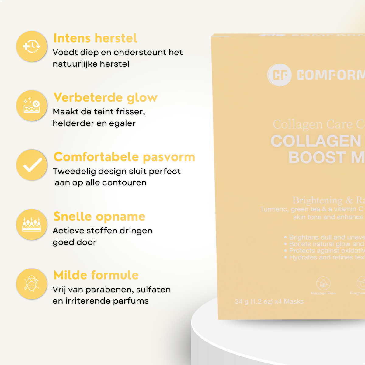 Overzicht van voordelen van het Comformidable Collagen Glow Boost Mask met intens herstel, verbeterde glow, comfortabele pasvorm en milde formule