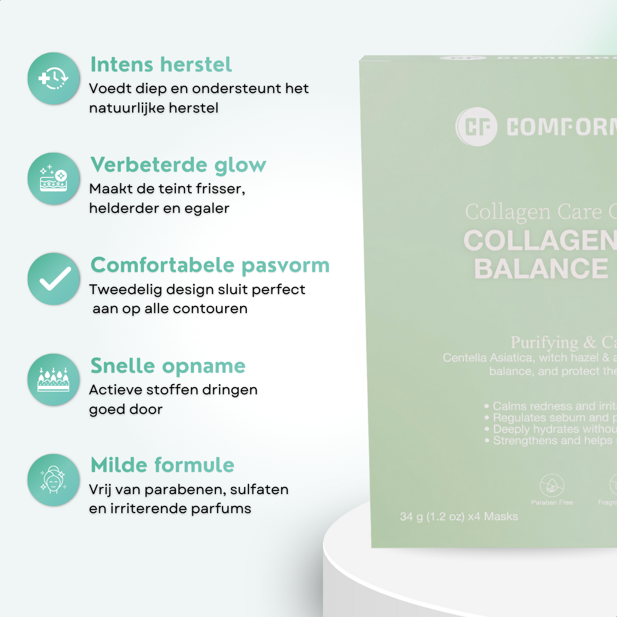 Overzichtsafbeelding met iconen en tekst die de voordelen van het Calm Balance collagen masker tonen, naast de verpakking.