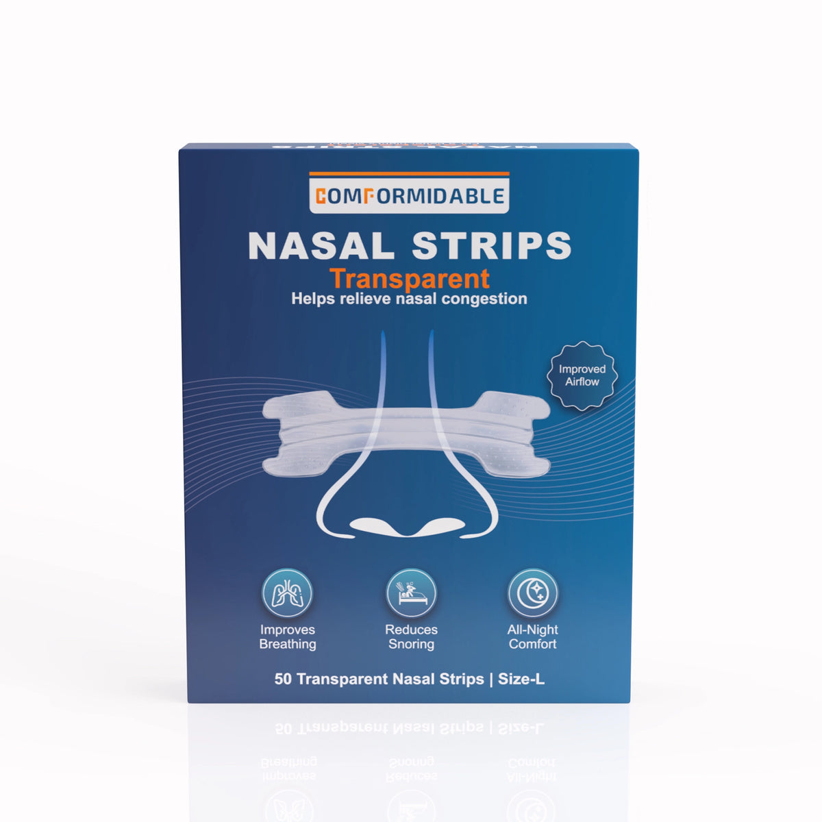 Voorkant van de Comformidable nasal strips transparant  verpakking met 50 strips