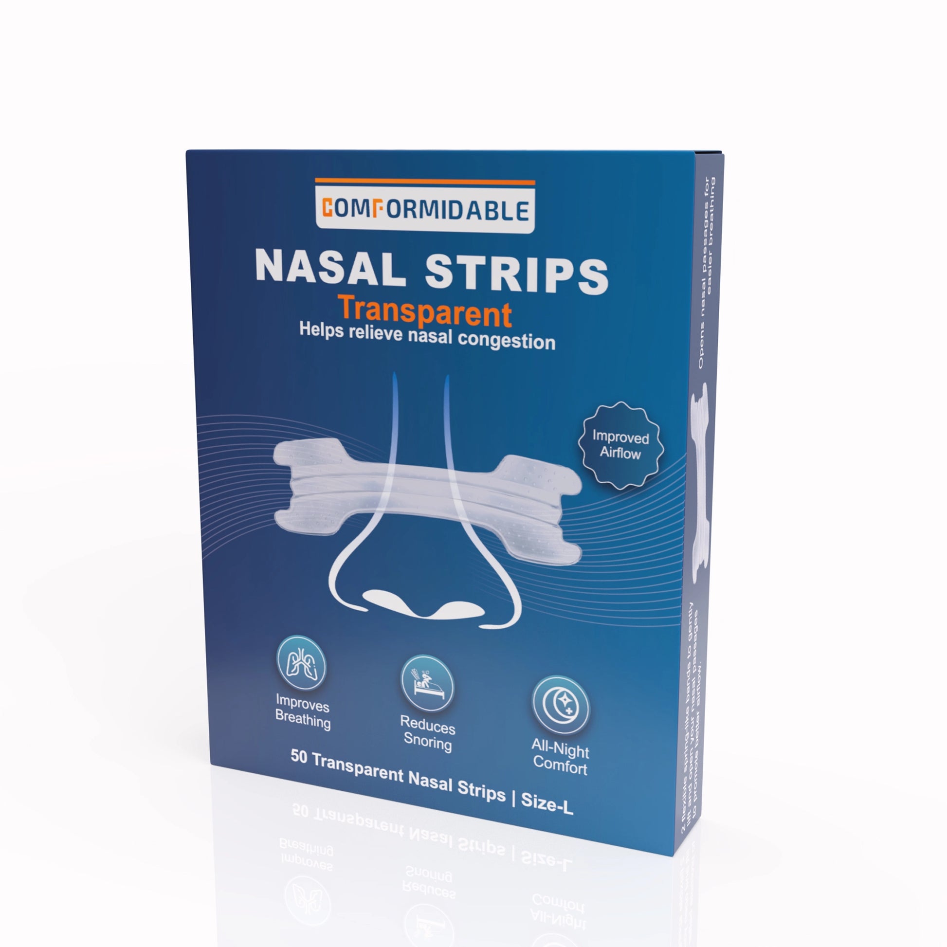 Zijkant van de Comformidable nasal strips transparant  verpakking met 50 strips