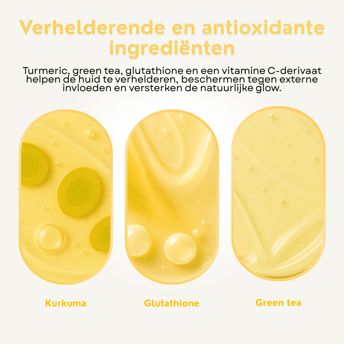 Verhelderende ingrediënten van het Comformidable Collagen Glow Boost Mask met kurkuma, glutathione en groene thee voor een frisse uitstraling