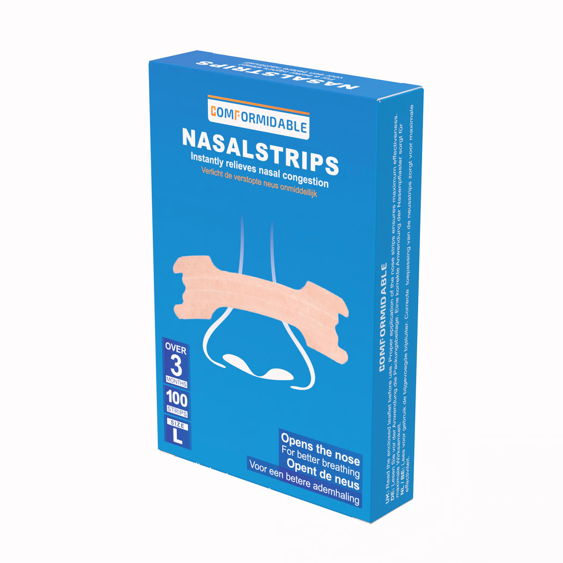 Voorkant van de Comformidable neusstrips verpakking met 100 stuks en Maat L, Verlicht de verstopte neus ondmiddellijk
