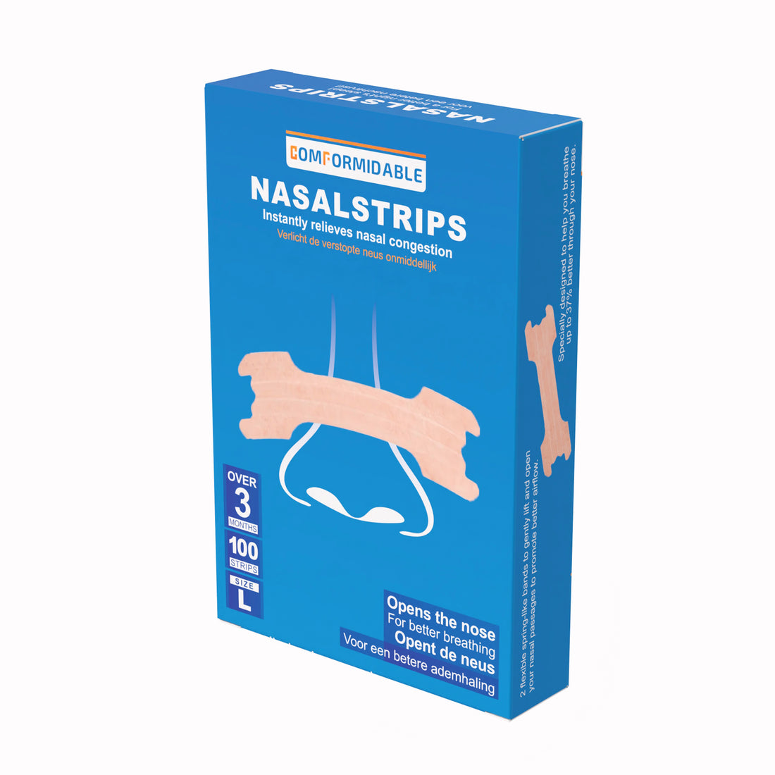 Voorkant van de Comformidable neusstrips verpakking met 100 stuks en Maat L, Verlicht de verstopte neus ondmiddellijk