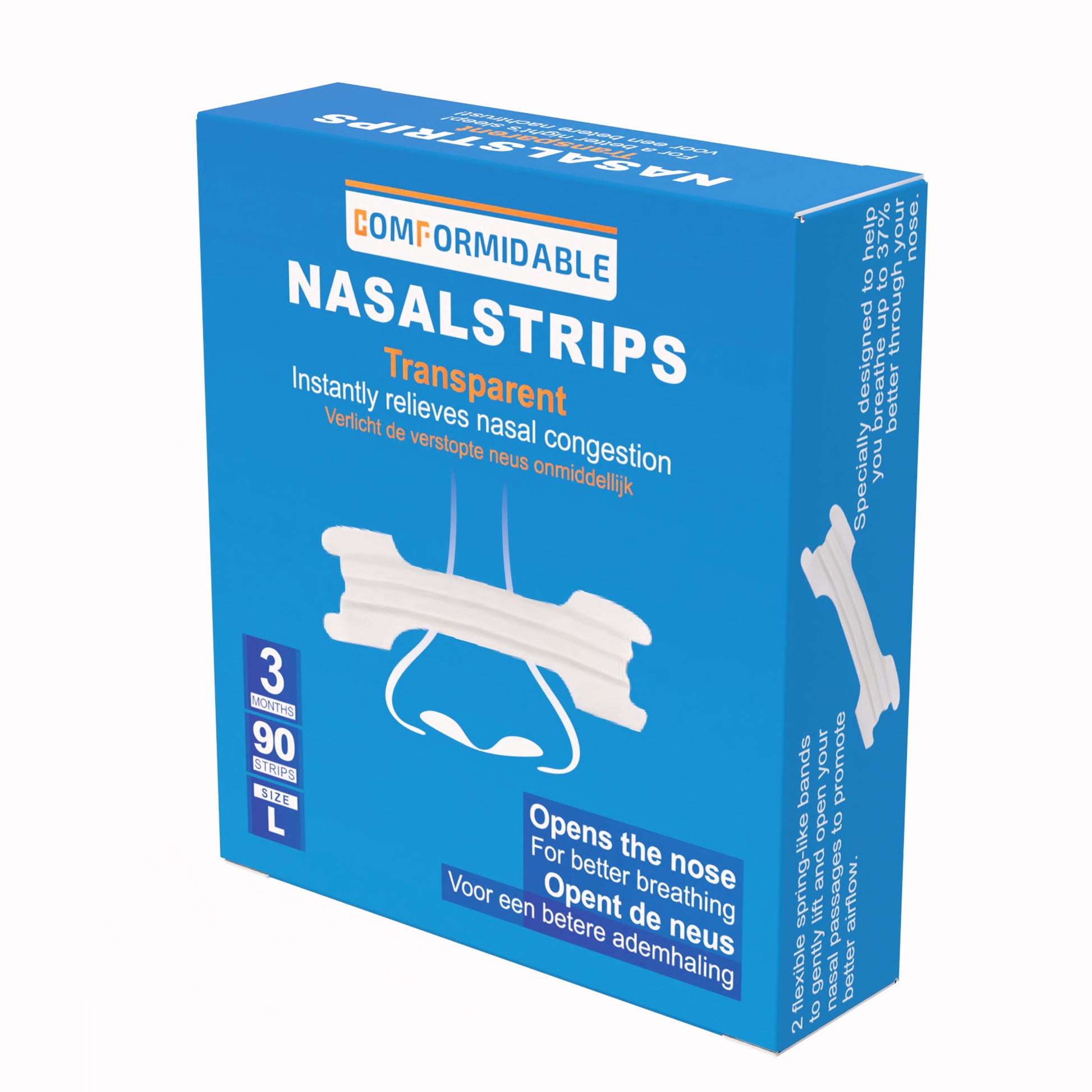 Blauwe verpakking met Comformidable transparante neusstrips 90 stuks. Verlicht de verstopte neus onmiddellijk. maat L
zijaanzicht