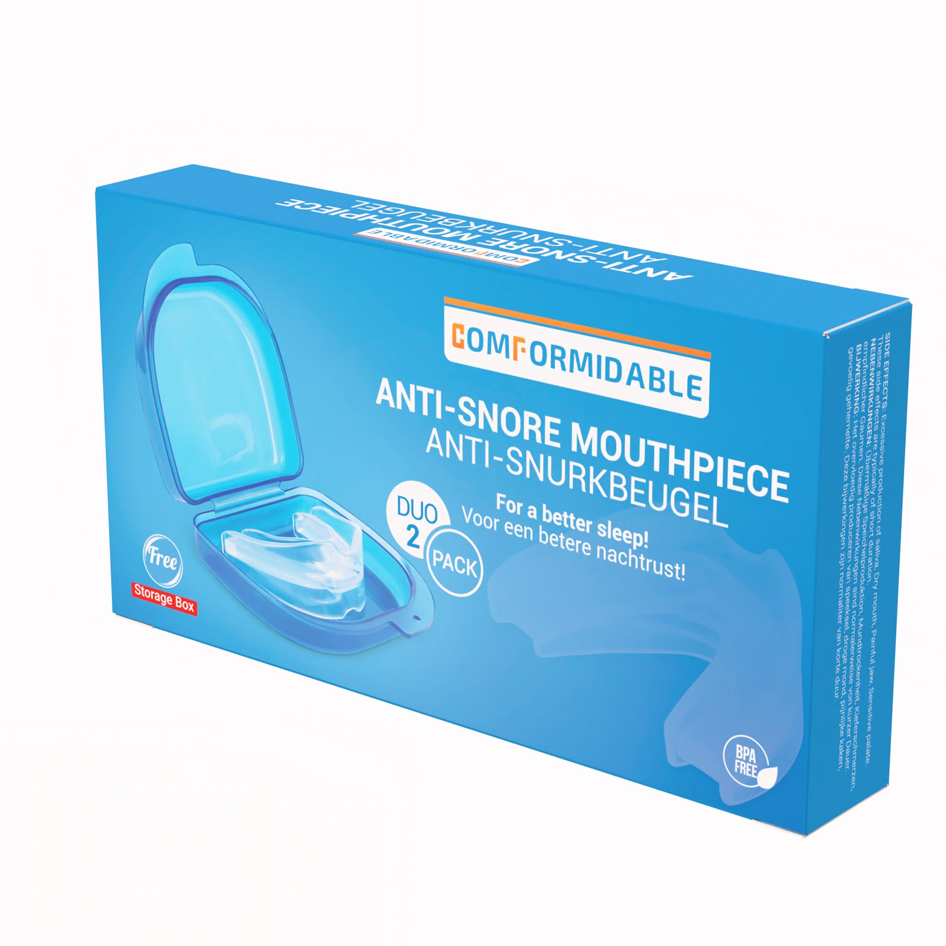 Blauwe Comformidable verpakking van anti snore mouthpiece / anti snurkbuegel duo pack. Zijaanzicht