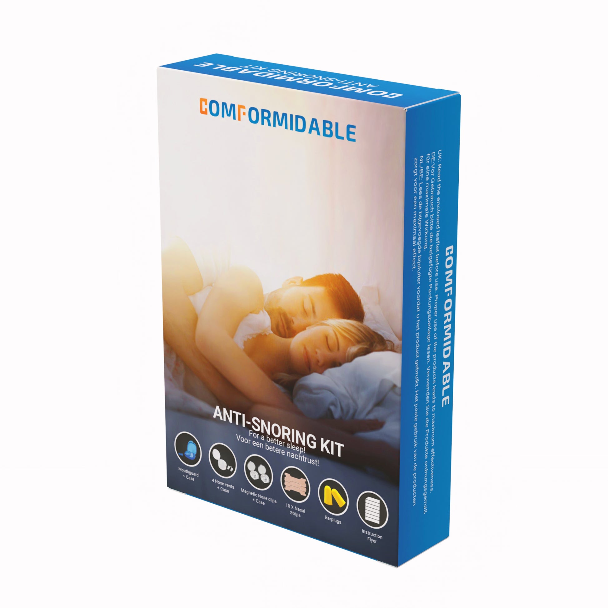 Verpakking van de comformidable anti-snoring kit "for a better sleep".
Zijaanzicht