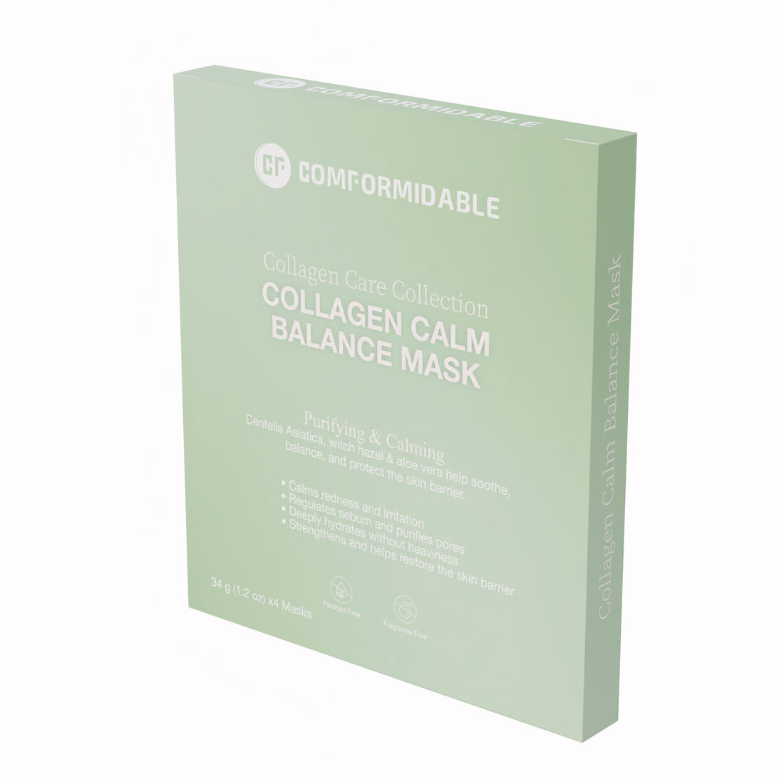 Voorkant van groene verpakking van de Collagen Care Collection van Comformidable. Dit is het calm balance mask