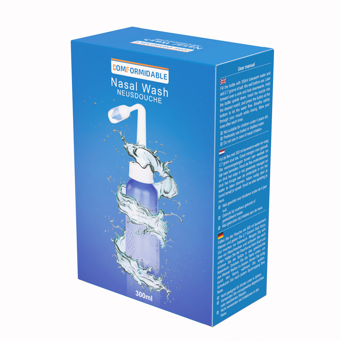 Blauwe verpakking van de comformidable neusdouche, inhoudt 300ml