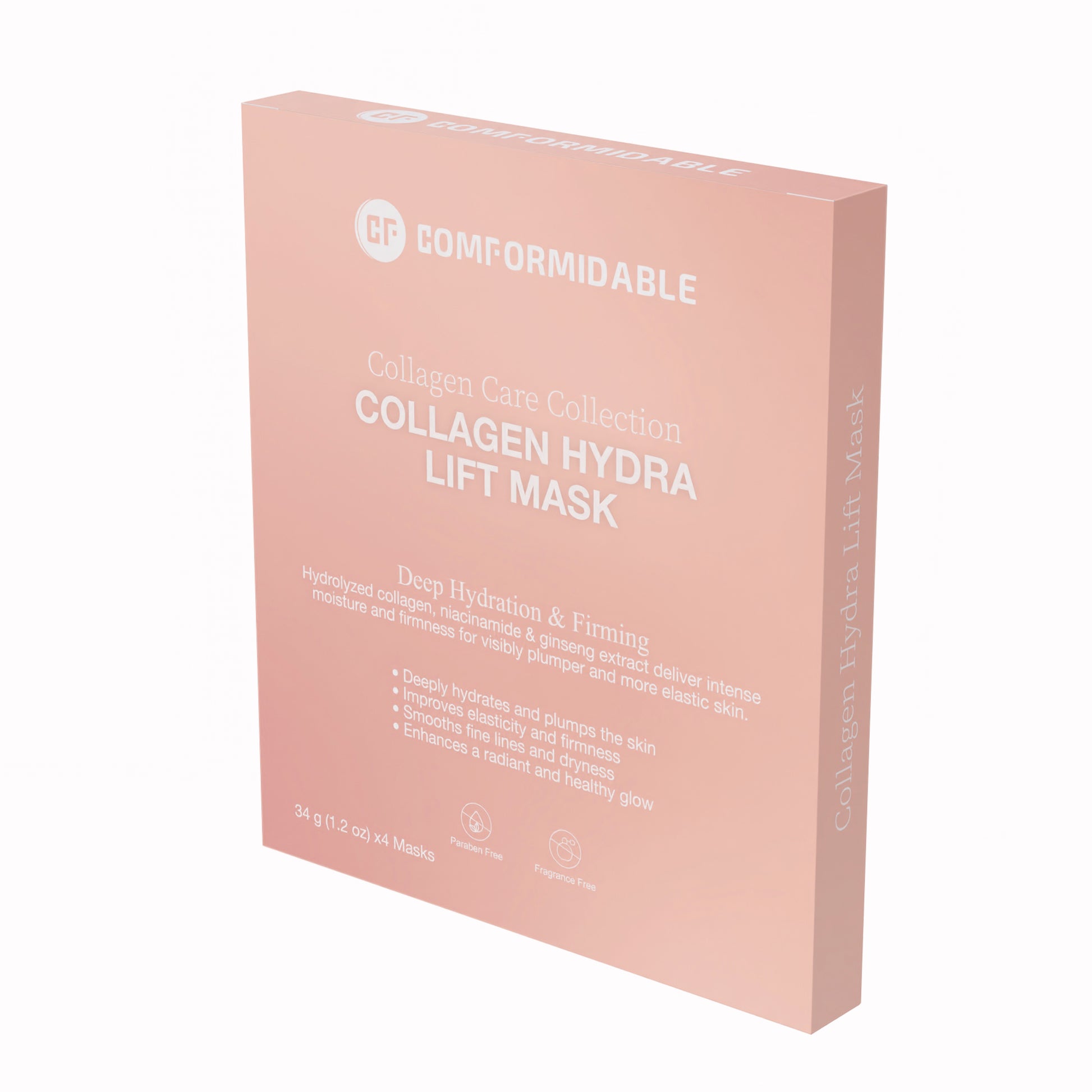 Zijkant roze verpakking van de Comformidable Collagen Care Collection. Dit is het Collagen Hydra lift mask
