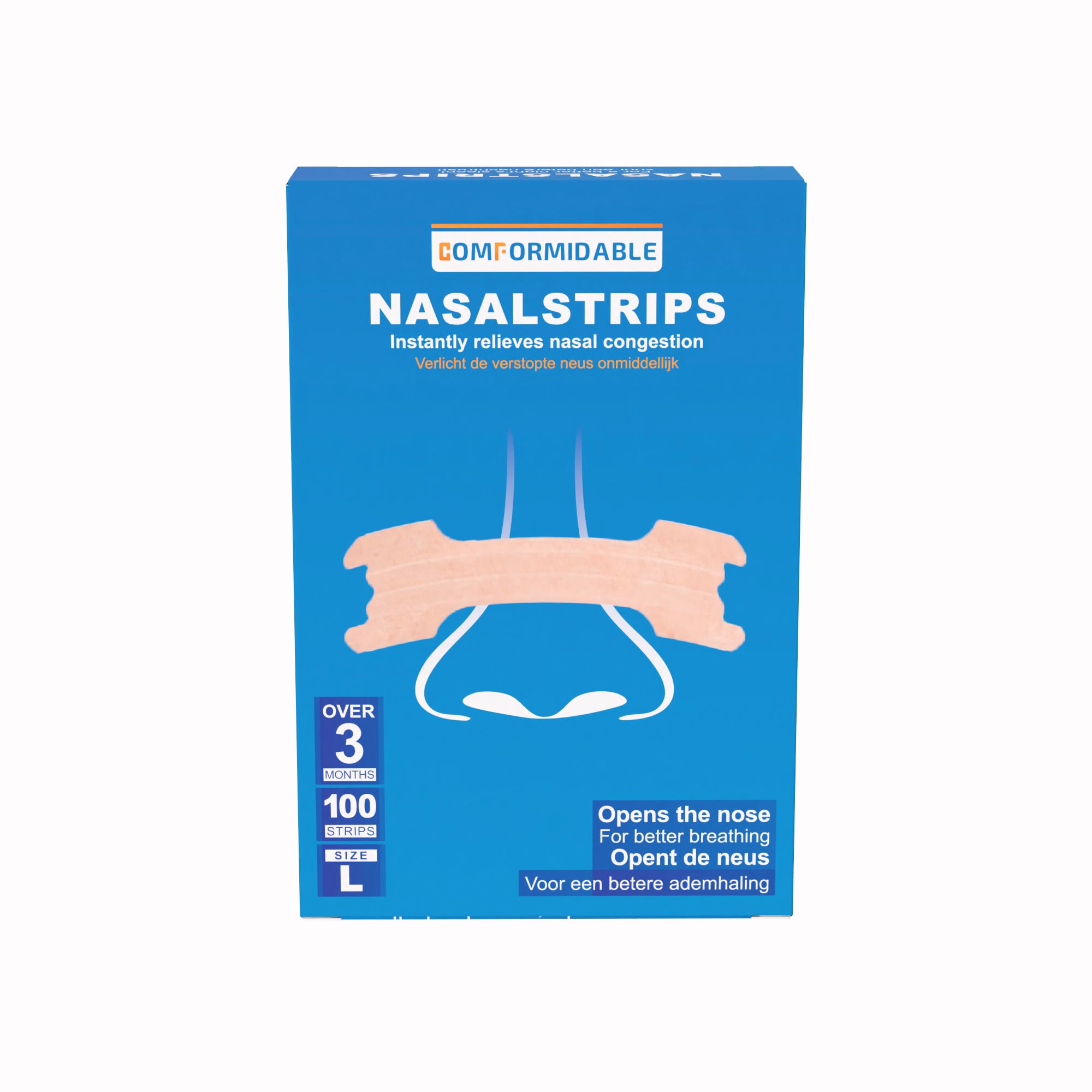 Voorkant van de Comformidable neusstrips verpakking met 100 stuks en Maat L, Verlicht de verstopte neus ondmiddellijk