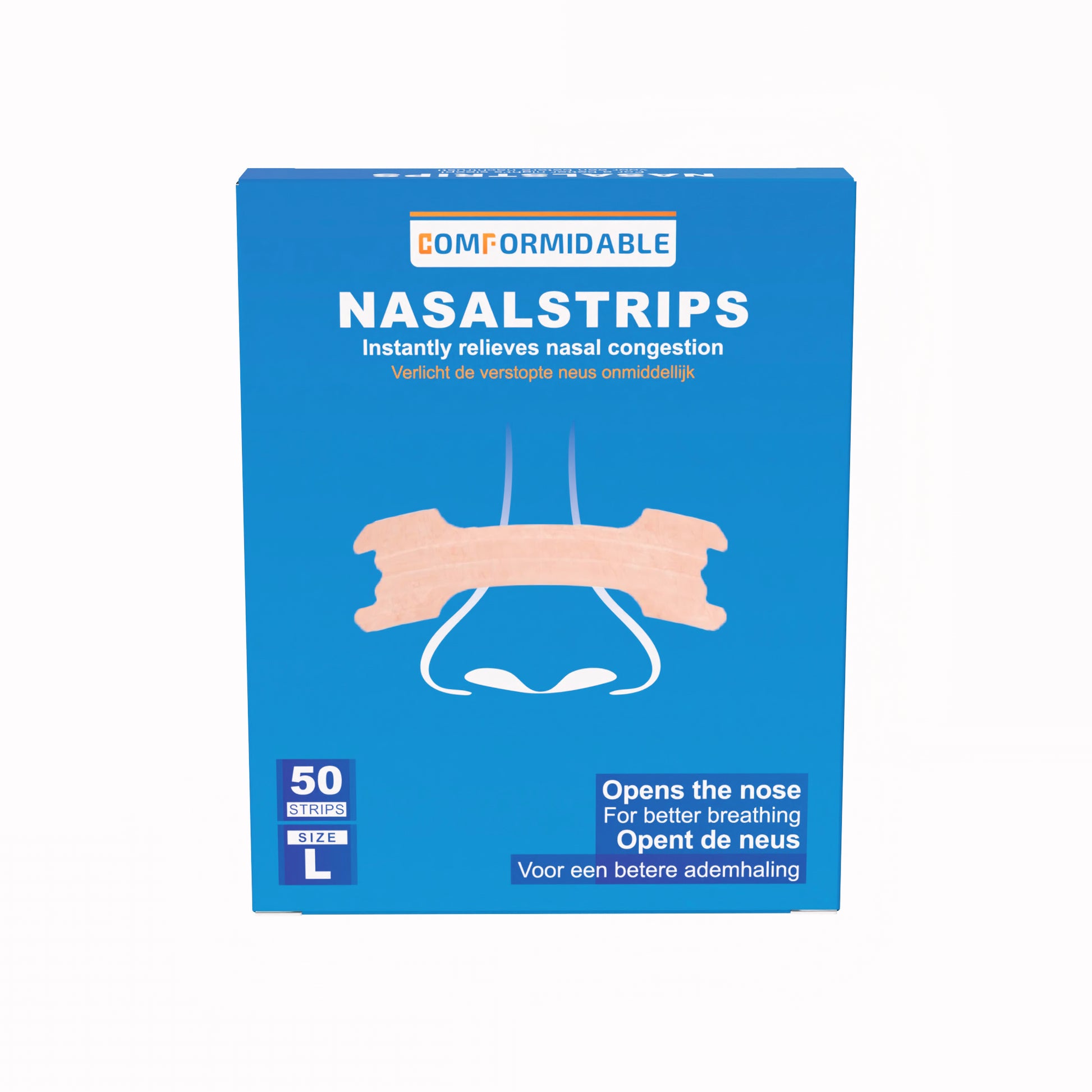 Blauwe verpakking van Comformidable neusstrips 50 stuks maat L. Verlicht de verstopte neus onmiddellijk