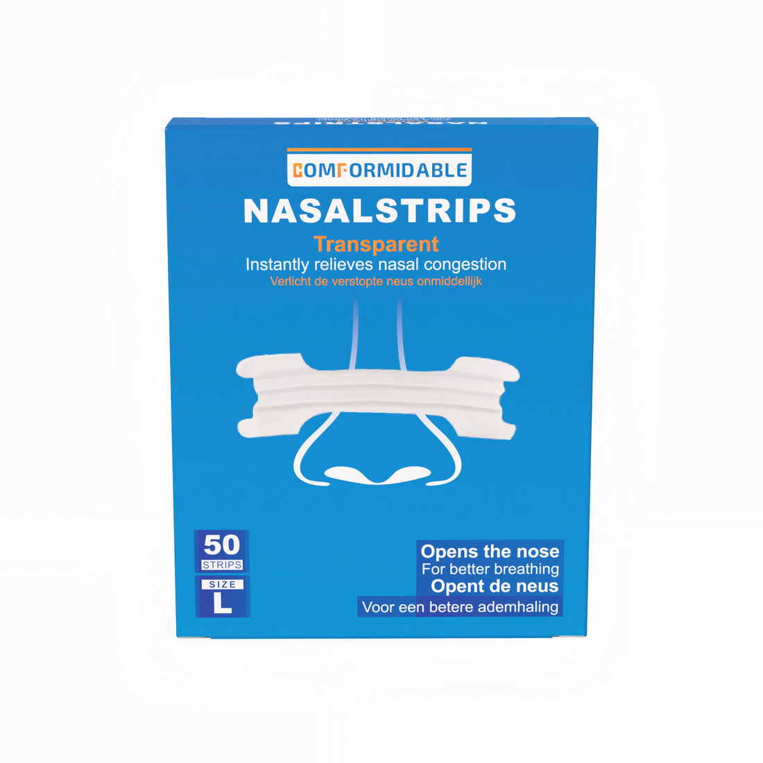 Blauwe verpakking met Comformidable transparante neusstrips 50 stuks. Verlicht de verstopte neus onmiddellijk. maat L