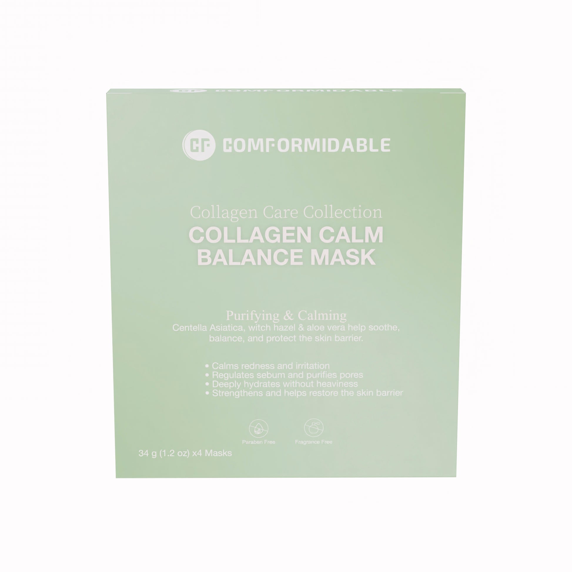 Voorkant van groene verpakking van de Collagen Care Collection van Comformidable. Dit is het calm balance mask