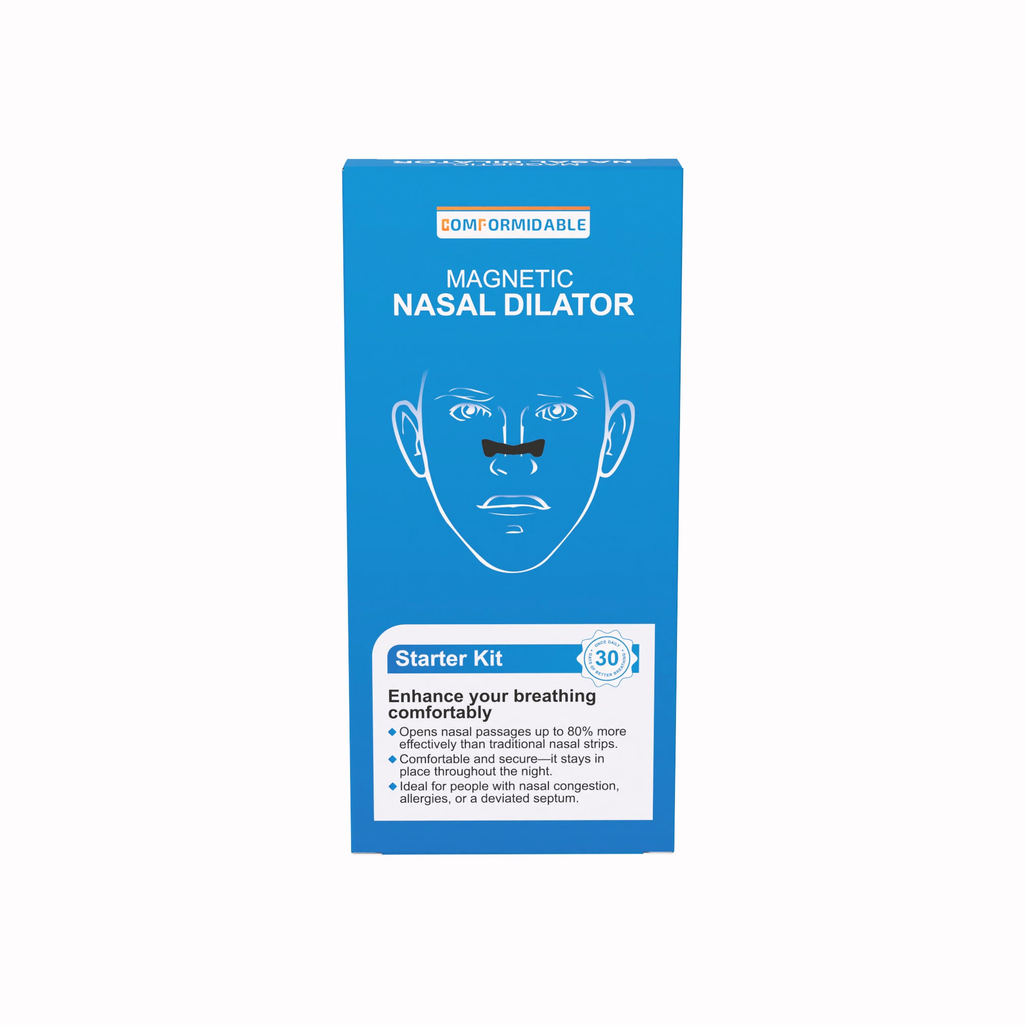 Blauwe verpakking van Comformidable magnetische neusstrips totaal pakket. Met de tekst 