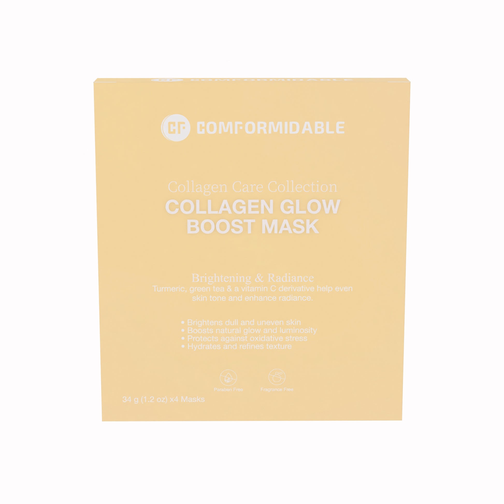de voorkant van een gele verpakking van het Comformidable collagen glow boost mask uit de care collection