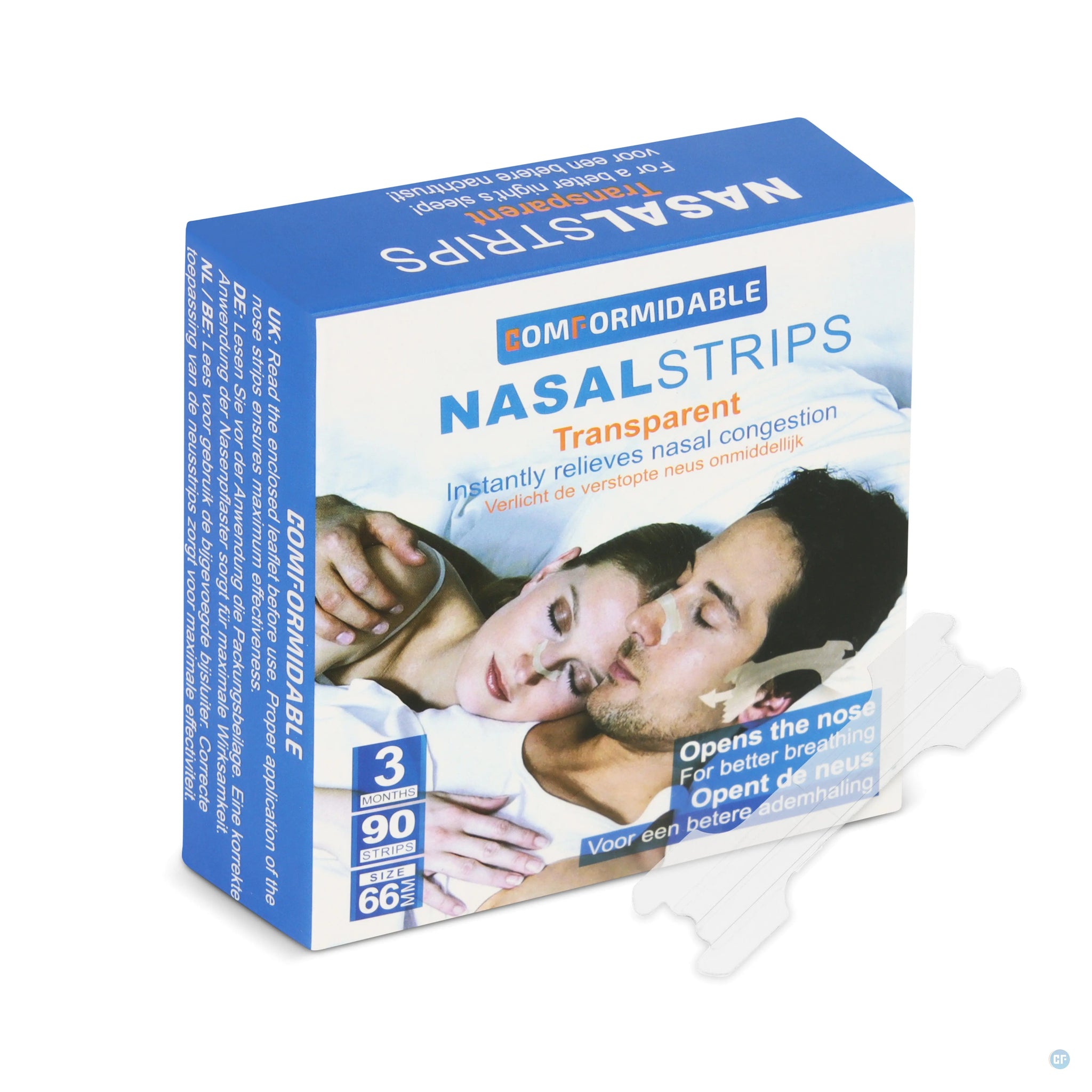 Verpakking van Comformidable transparante neusstrips, met tekst 'Instantly relieves nasal congestion' en 'Opens the nose for better breathing'. De verpakking toont een slapend stel, waarbij de man een neusstrip draagt. Bevat specificaties zoals 90 strips, 3 maanden gebruik, en maat L