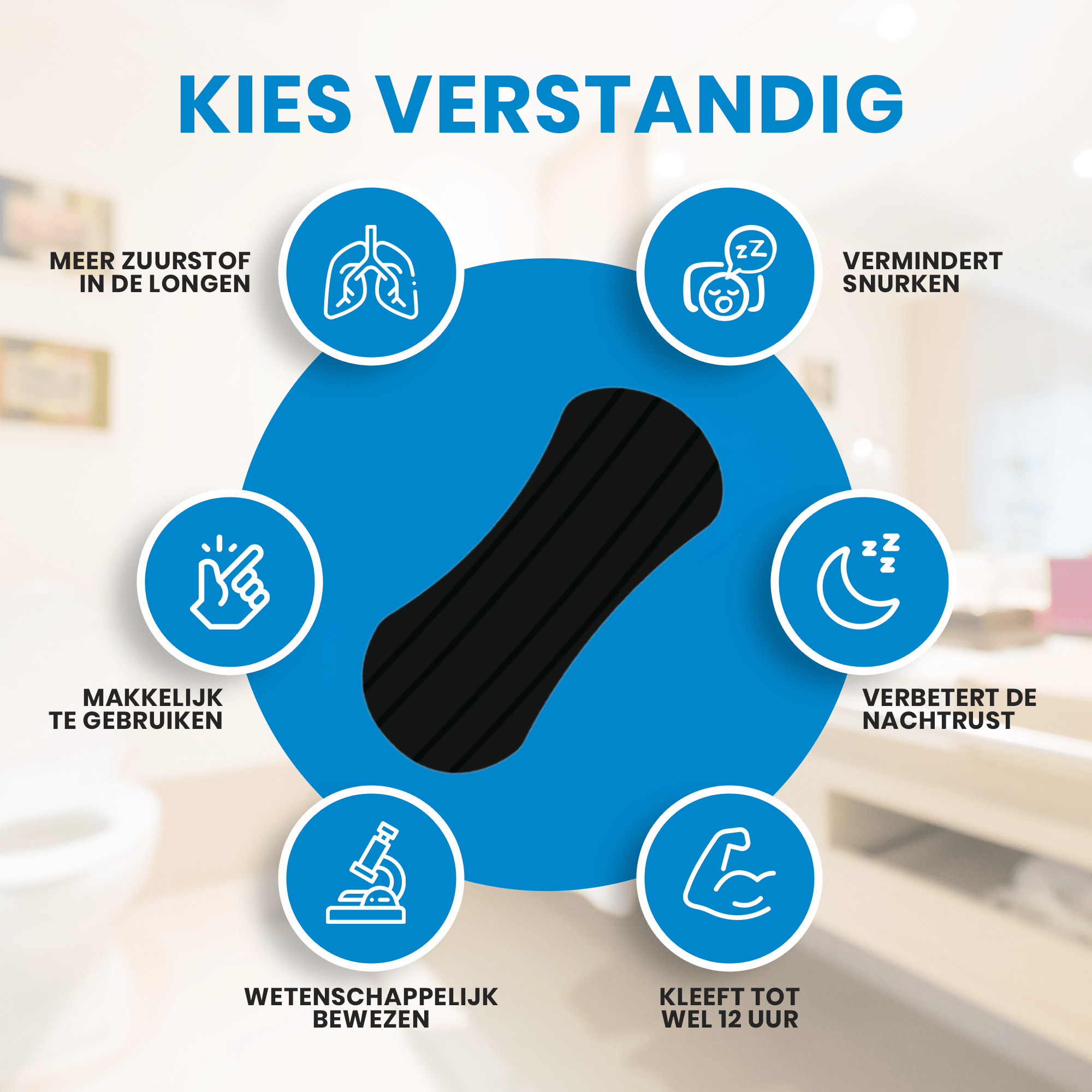 infographic over de zwarte neusstrip met de  voordelen op een rijtje:
- meer zuurstof
- vermindert snurken
- verbetert de nachtrust
- kleeft tot wel 12 uur
- wetenschappelijk bewezen
- makkelijk te gebruiken

Bovenaan de afbeelding staat: 'Kies verstandig' in hoofdletters.