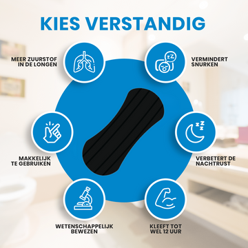 infographic over de zwarte neusstrip met de  voordelen op een rijtje:
- meer zuurstof
- vermindert snurken
- verbetert de nachtrust
- kleeft tot wel 12 uur
- wetenschappelijk bewezen
- makkelijk te gebruiken

Bovenaan de afbeelding staat: 'Kies verstandig' in hoofdletters.