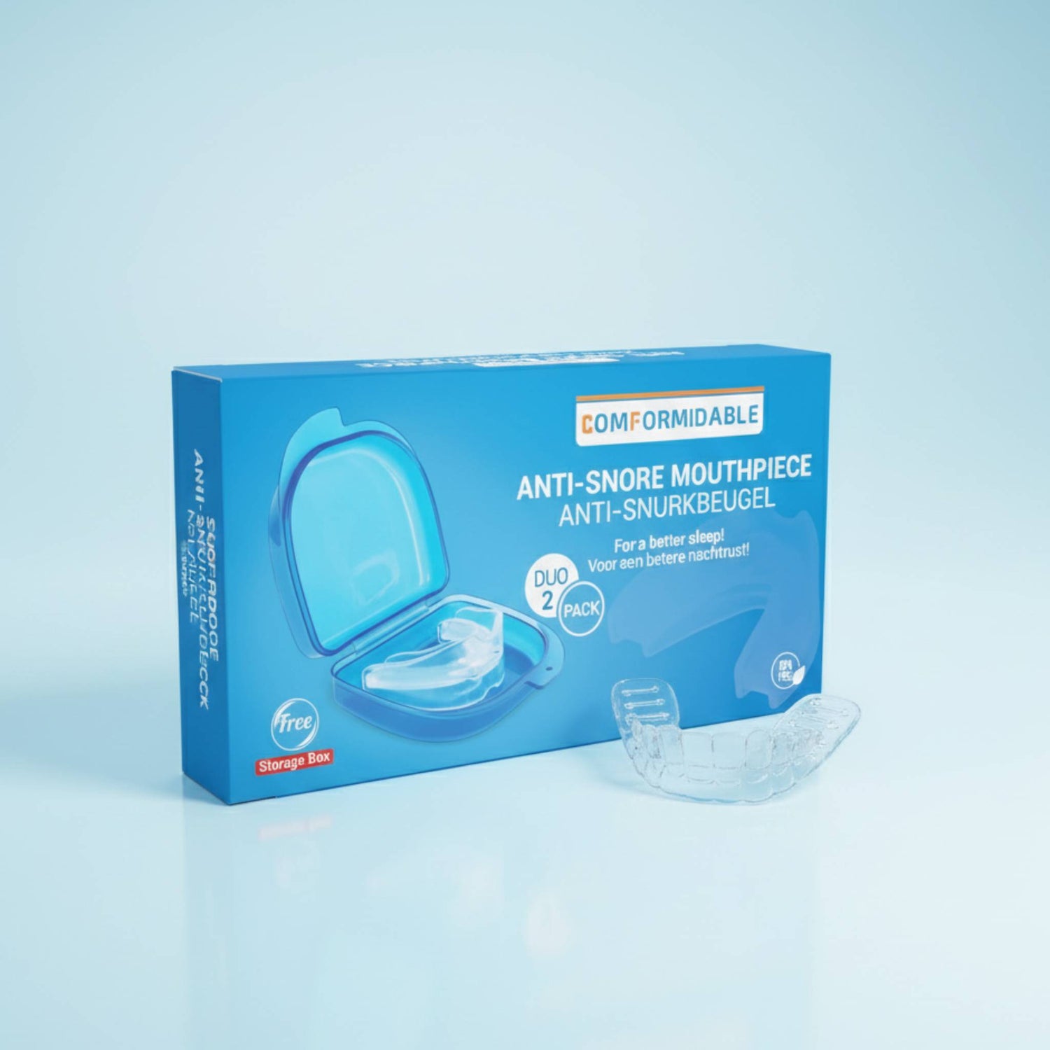 Blauwe verpakking van de Comformidable Anti-Snore Mouthpiece met bijbehorende opbergdoos.