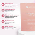 Overzicht van de belangrijkste voordelen van het Collagen Hydra Lift Mask naast de verpakking.