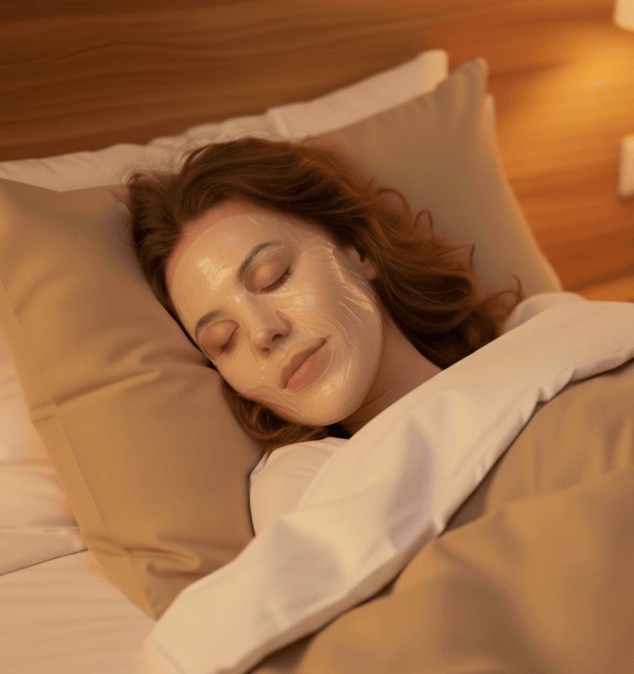 Slapende vrouw in bed met een gezichtsmasker zichtbaar op haar huid
