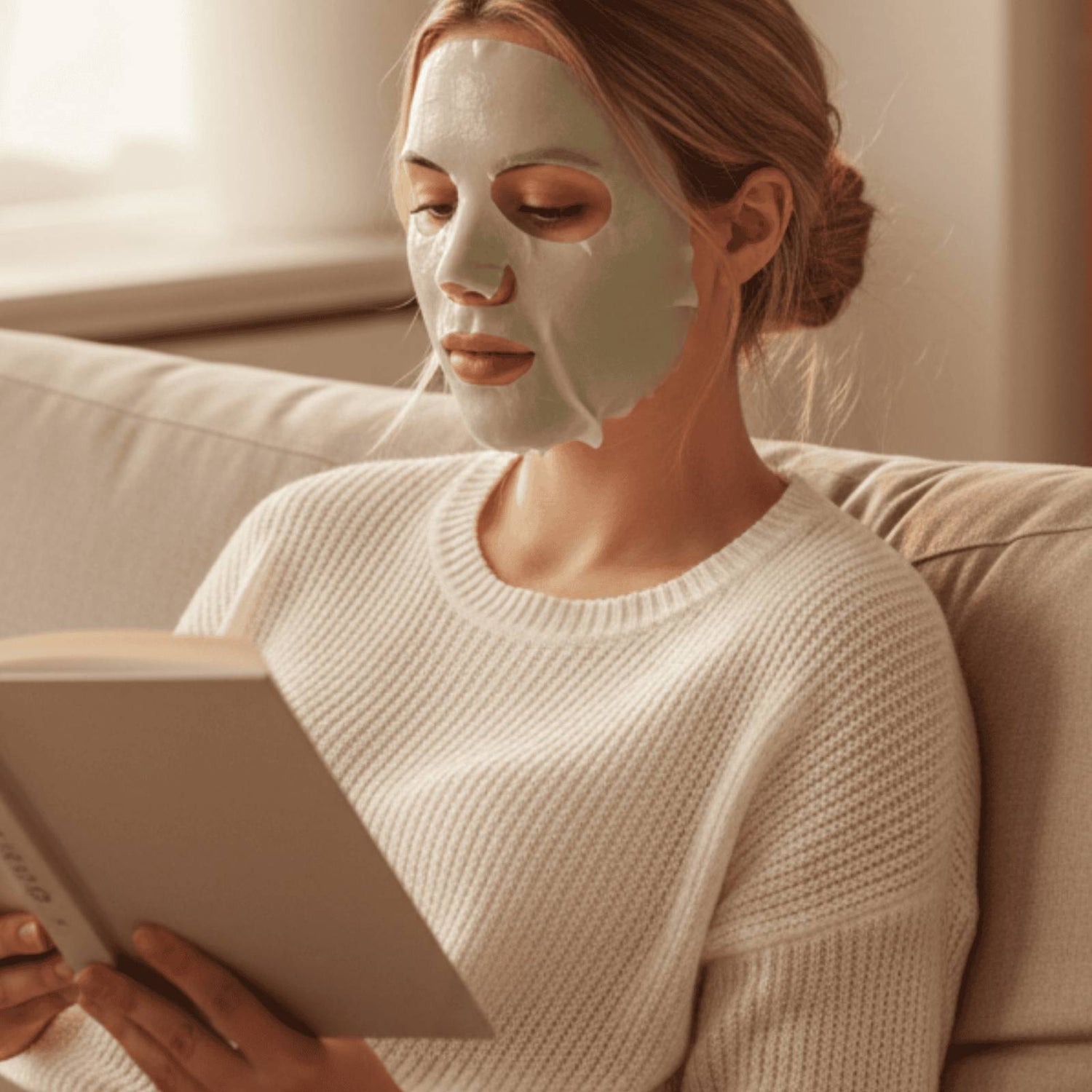 Vrouw ontspant met boek in haar hand met een collageen gezichtsmasker op.
