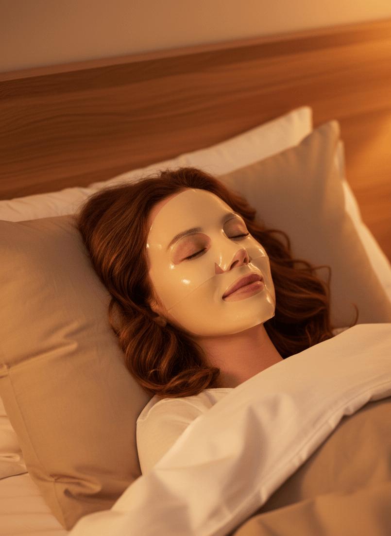 Vrouw die slaapt op haar rug terwijl ze een collageen gezichtsmasker draagt