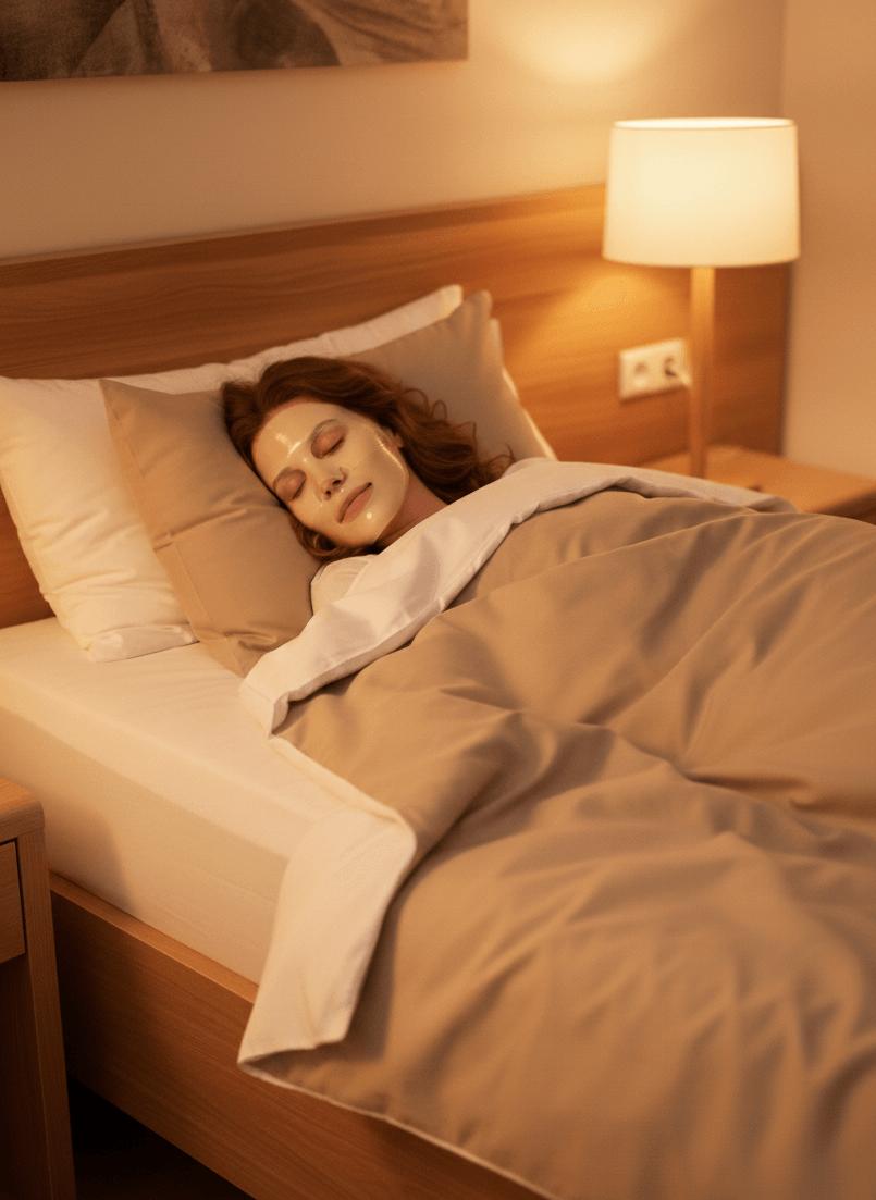 Vrouw die ontspannen slaapt in bed met een gezichtsmasker op haar gezicht