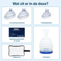 verzicht van de inhoud: 1 apparaat, 2 volwassen maskers, 1 kindermasker, opbergetui en meertalige gebruiksaanwijzing in 6 talen