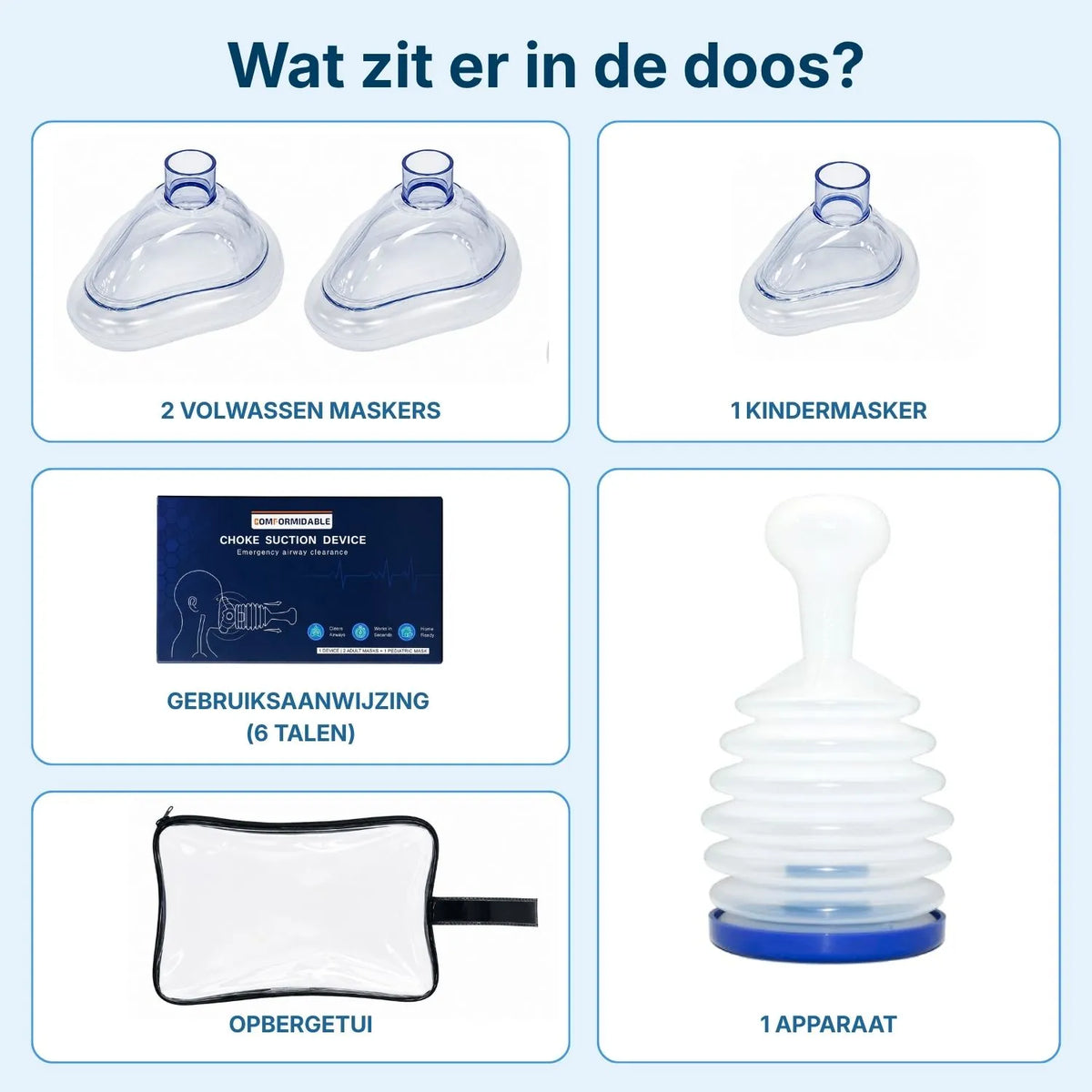 verzicht van de inhoud: 1 apparaat, 2 volwassen maskers, 1 kindermasker, opbergetui en meertalige gebruiksaanwijzing in 6 talen
