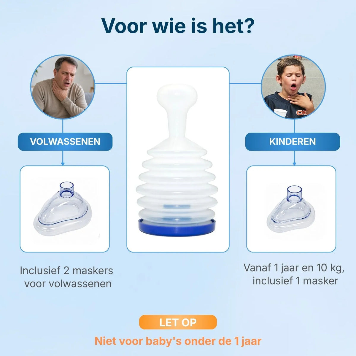 Geschikt voor volwassenen en kinderen vanaf 1 jaar en 10 kilogram. Niet voor baby's onder de 1 jaar.