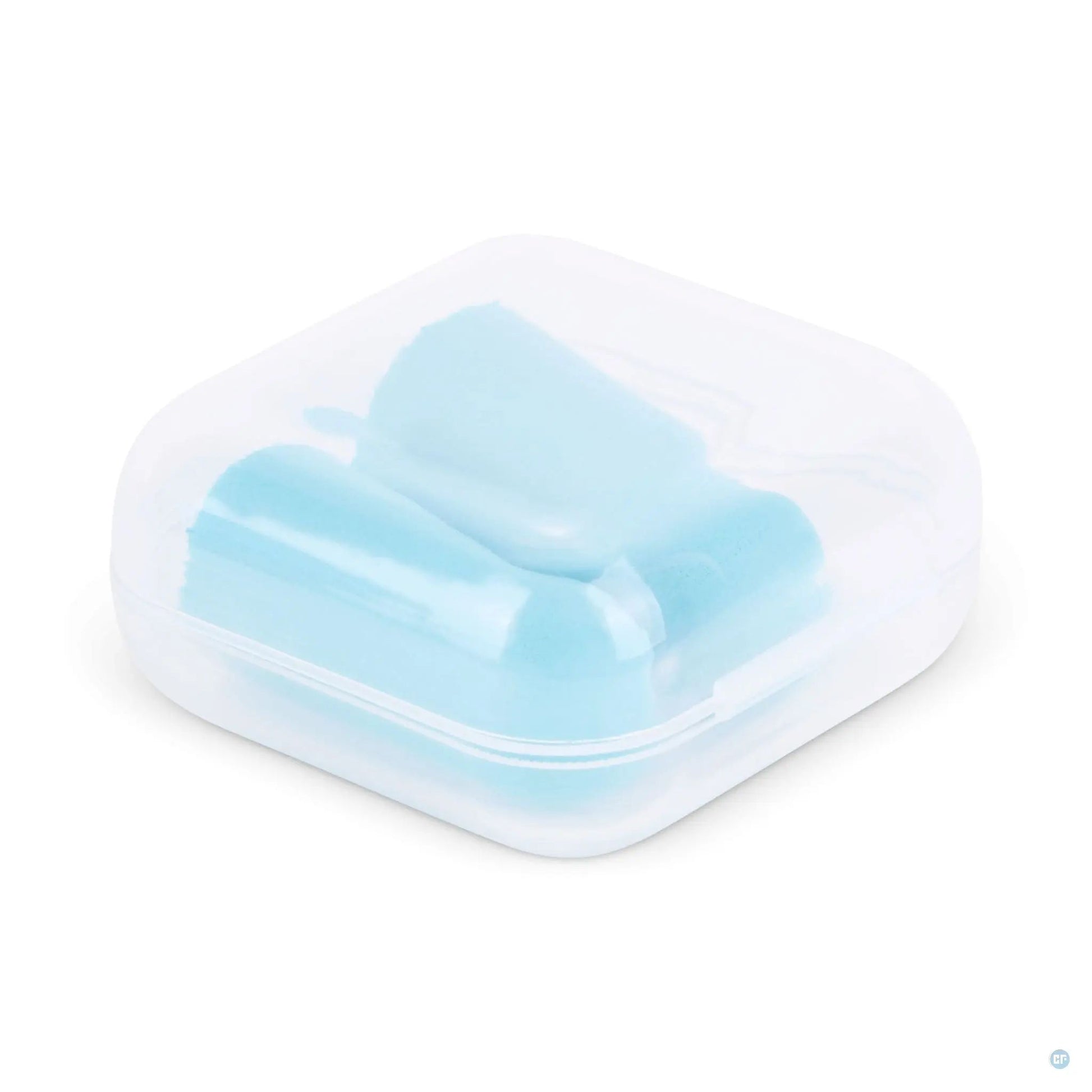 Gesloten blauwe opbergcase met oordopjes van de Comformidable anti-snurk kit