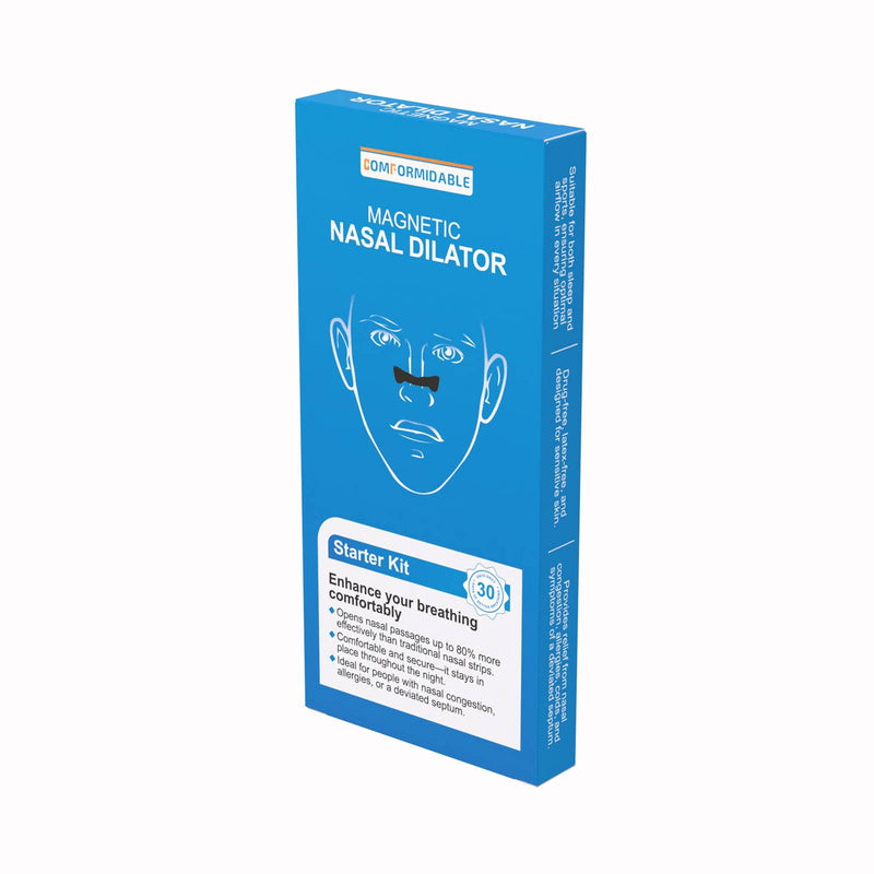Schuin weergegeven verpakking van de Comformidable Magnetic Nasal Dilator starterkit met illustratie van het product op de neus.