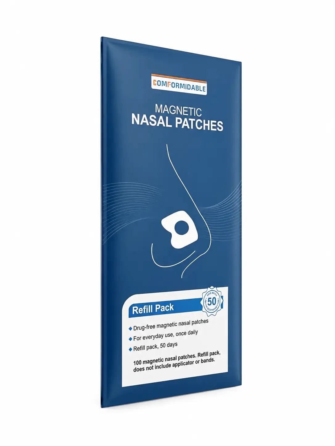 Schuin aanzicht vanaf links van de verpakking van de Comformidable Magnetic Nasal Patches refill pack (50 dagen).