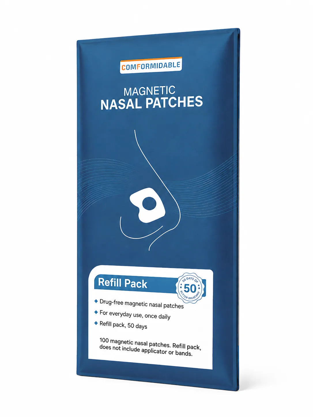 Schuin aanzicht van de verpakking van de Comformidable Magnetic Nasal Patches refill pack.