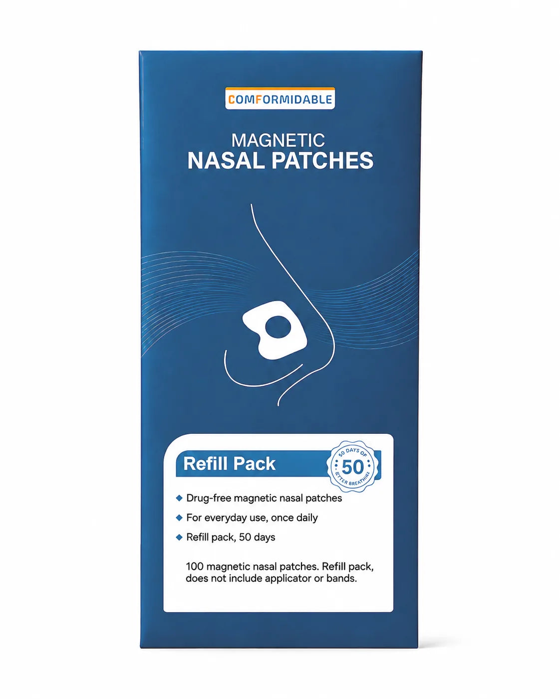 Vooraanzicht van de verpakking van de Comformidable Magnetic Nasal Patches refill pack (50 dagen).