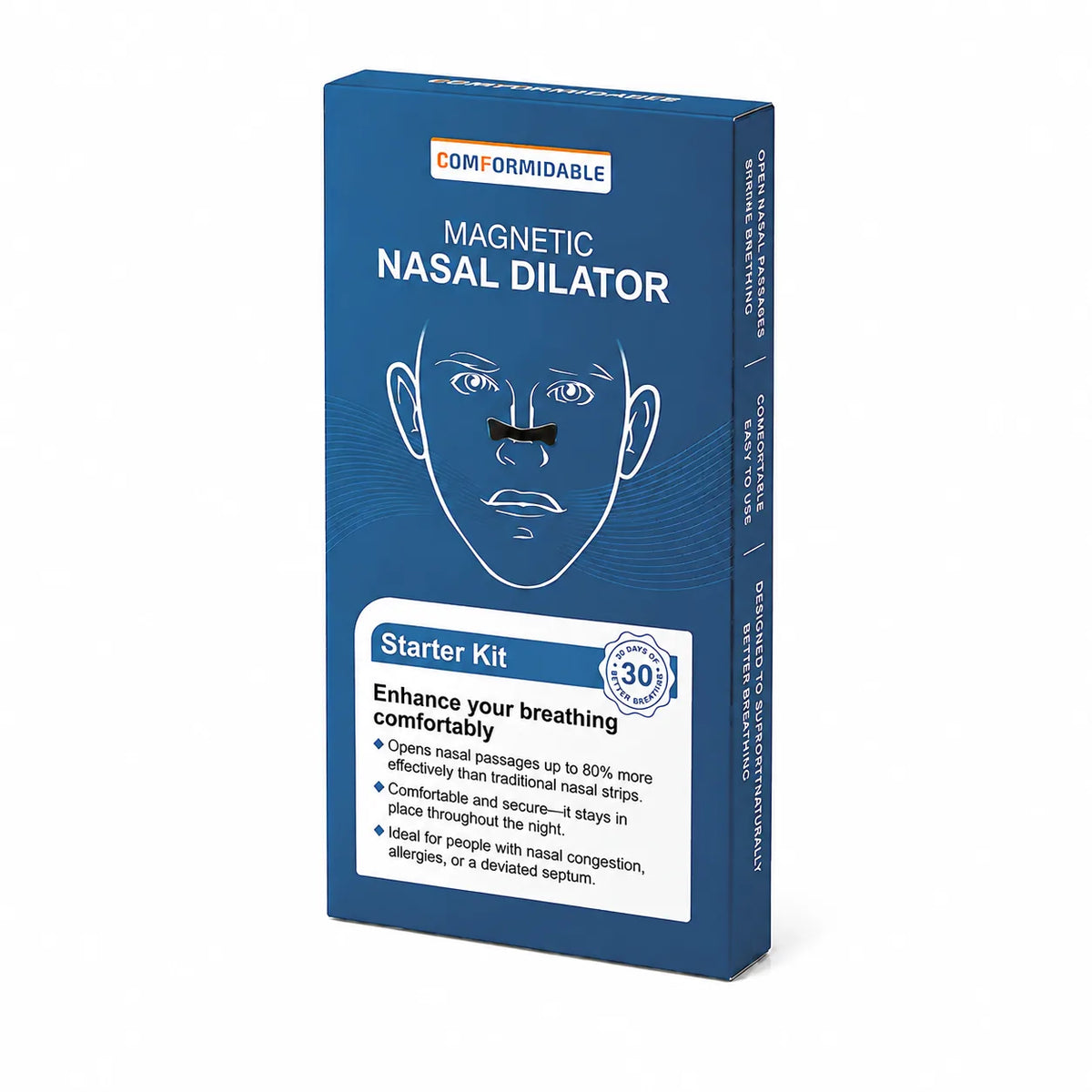 Schuin aanzicht van de verpakking van de Comformidable Magnetic Nasal Dilator starterkit.