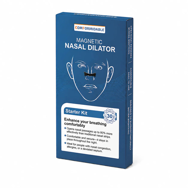 Schuin aanzicht van de verpakking van de Comformidable Magnetic Nasal Dilator starterkit.