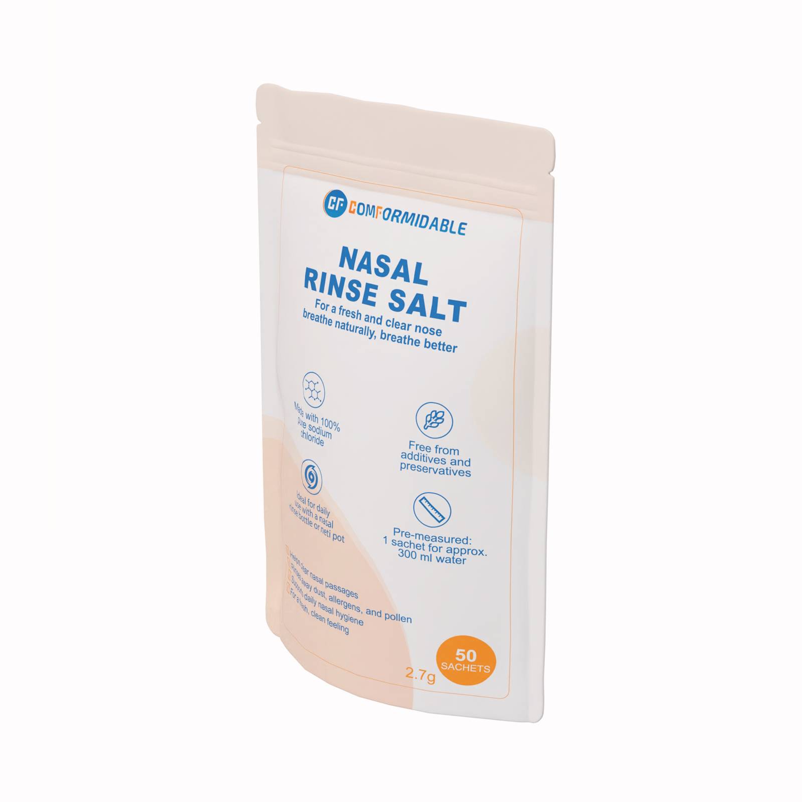 Schuin weergegeven verpakking van Comformidable Nasal Rinse Salt met vermelding van 50 sachets en iconen voor pure samenstelling en dagelijks gebruik.
