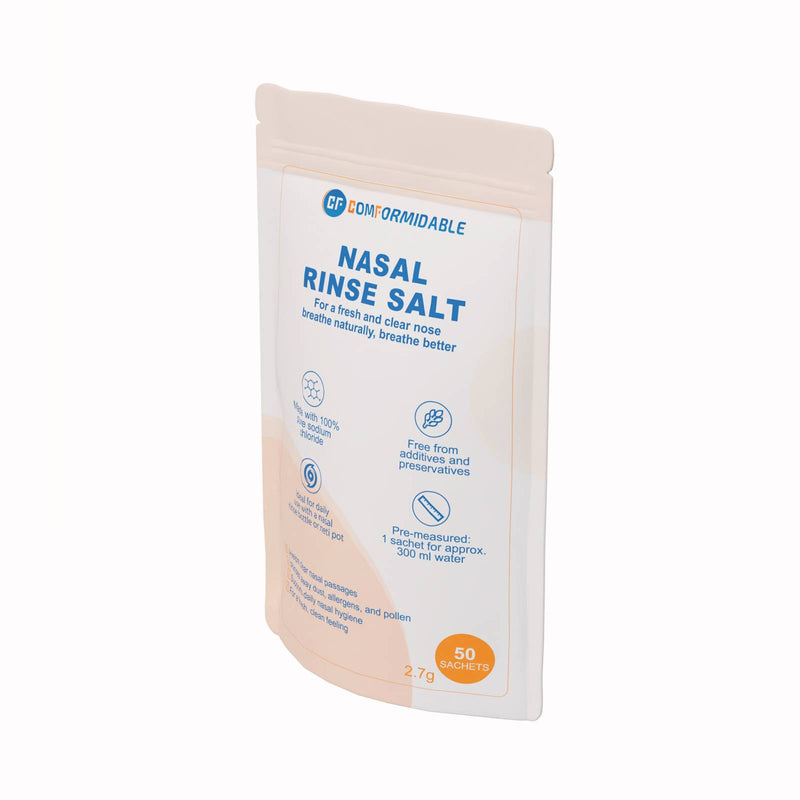 Schuin weergegeven verpakking van Comformidable Nasal Rinse Salt met vermelding van 50 sachets en iconen voor pure samenstelling en dagelijks gebruik.