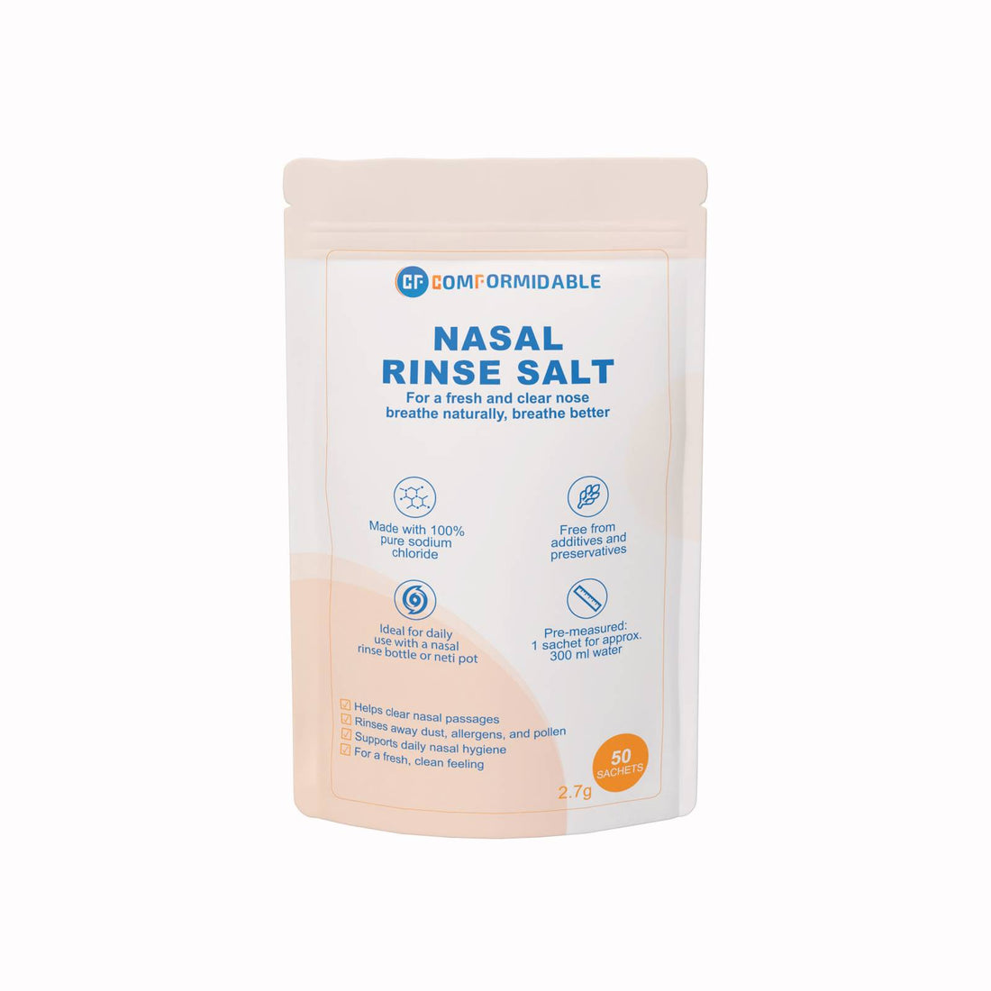 Voorzijde van de verpakking van Comformidable Nasal Rinse Salt met productnaam, voordelen en aanduiding van 50 sachets.