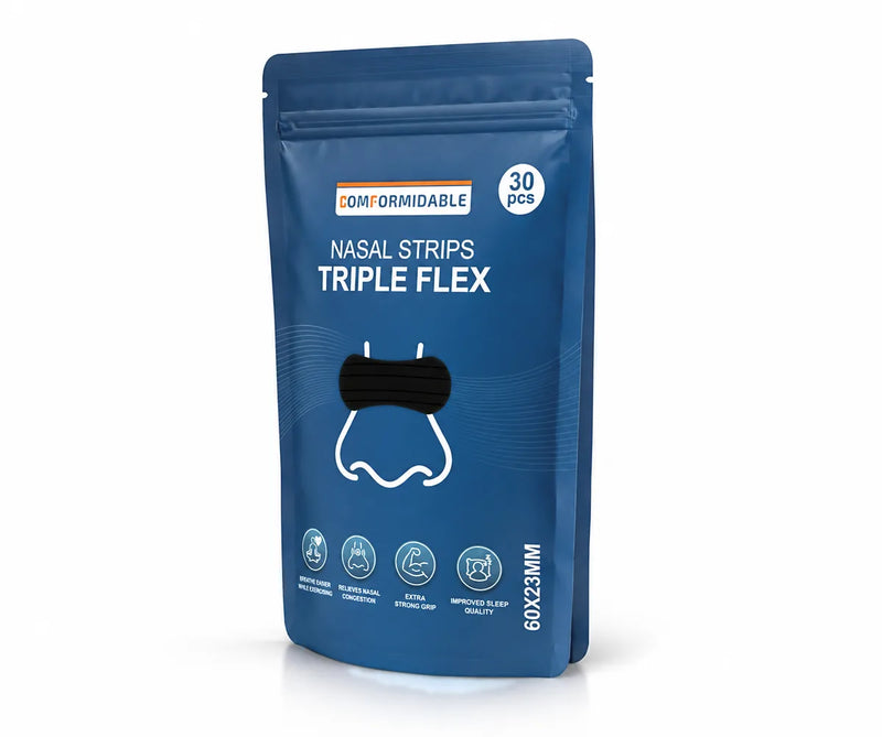 Schuin aanzicht van de Comformidable Nasal Strips Triple Flex verpakking, 30 stuks.