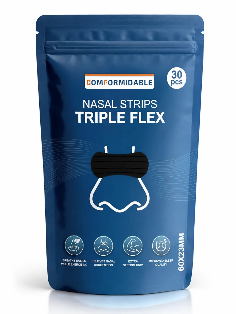 Vooraanzicht van de donkerblauwe Comformidable Nasal Strips Triple Flex verpakking, 30 stuks, 60x23 mm.