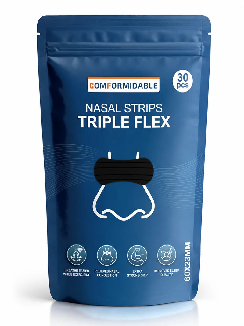 Vooraanzicht van de donkerblauwe Comformidable Nasal Strips Triple Flex verpakking, 30 stuks, 60x23 mm.