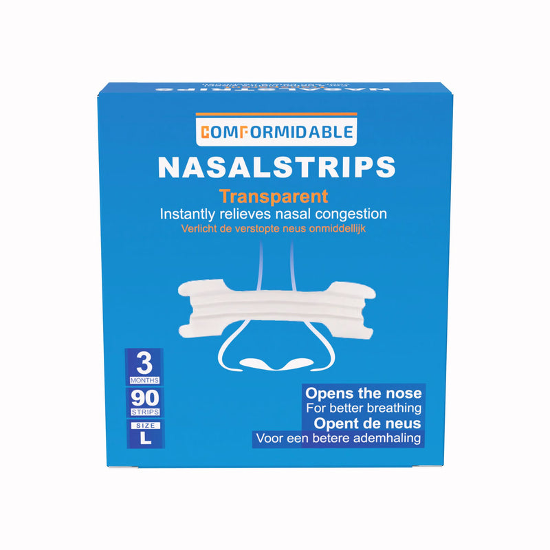 Voorkant verpakking Comformidable transparante nasal strips 90 stuks maat L