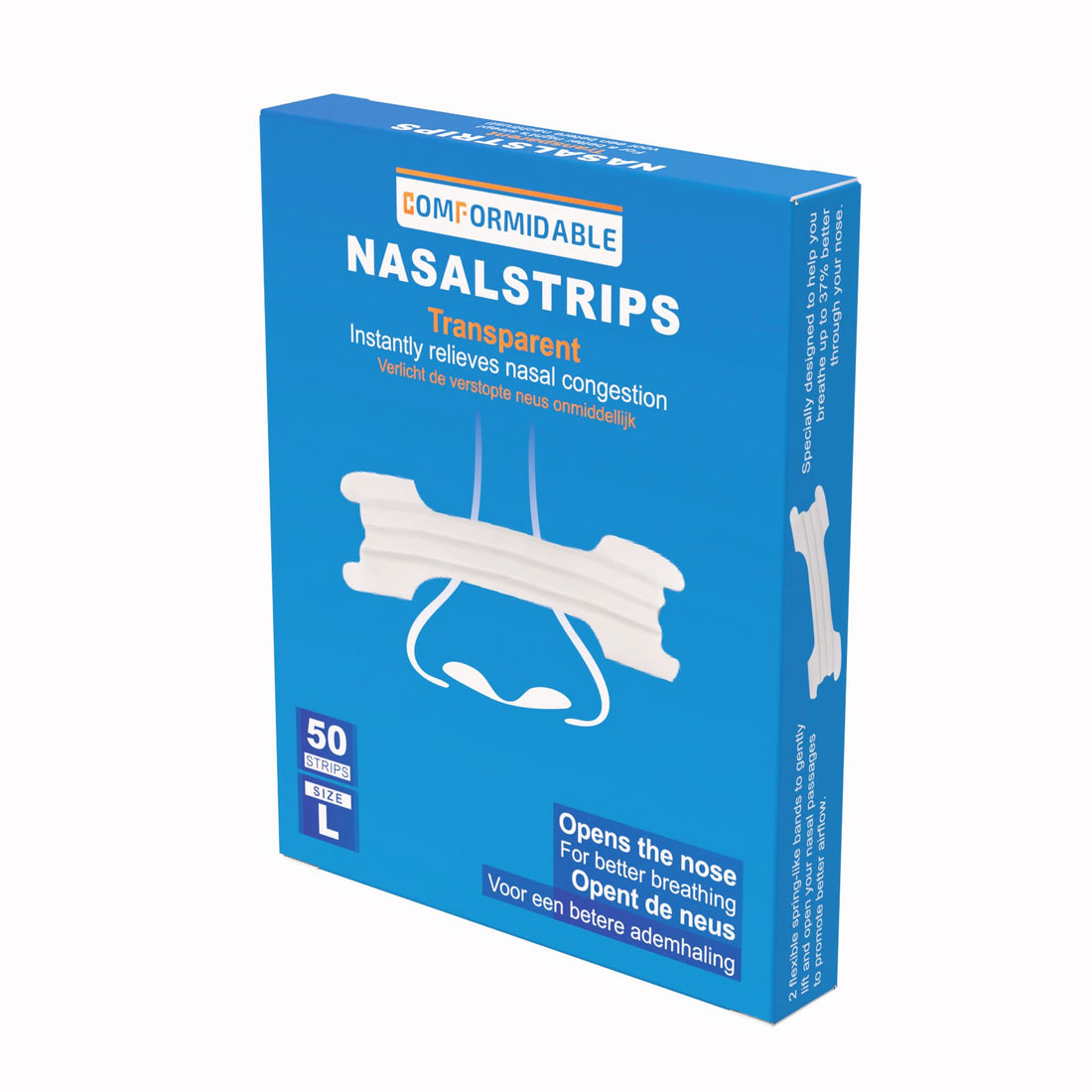 Voorkant verpakking Comformidable transparante nasal strips maat L