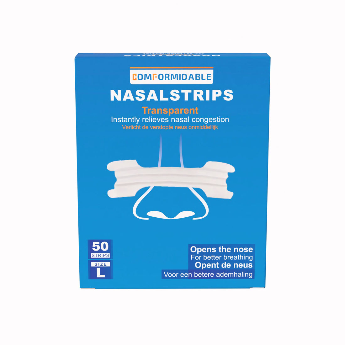 Voorkant verpakking Comformidable transparante nasal strips maat L