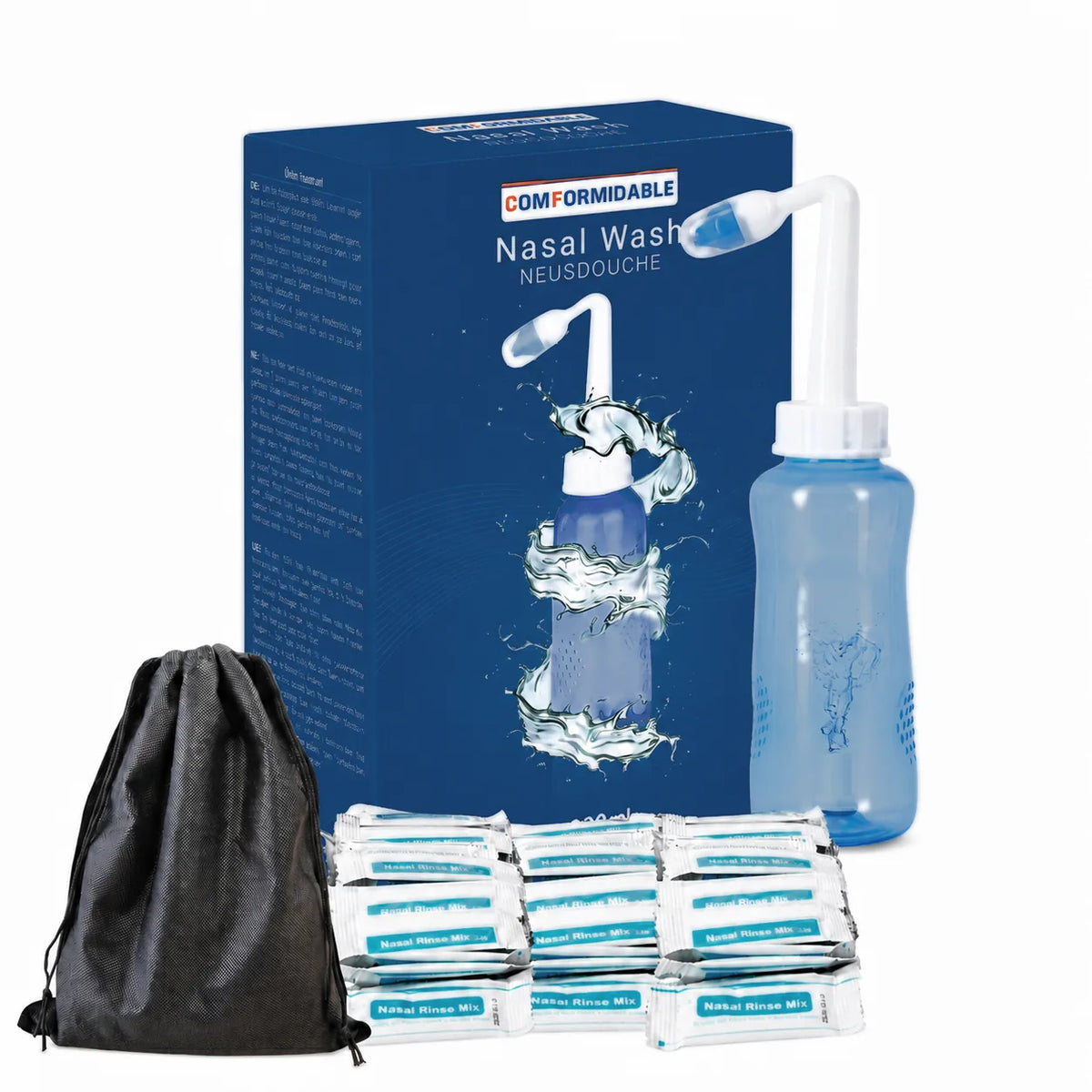 Inhoud van de Comformidable neusdouche set: fles, opzetstuk, opbergzakje en zakjes nasaal spoelzout.