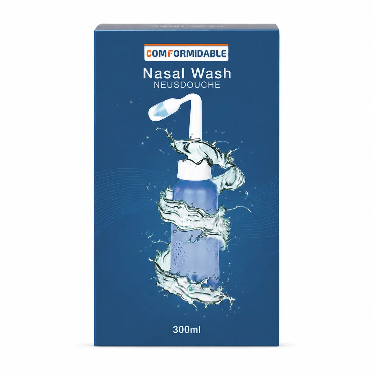 Vooraanzicht van de donkerblauwe verpakking van de Comformidable Nasal Wash neusdouche (300 ml).